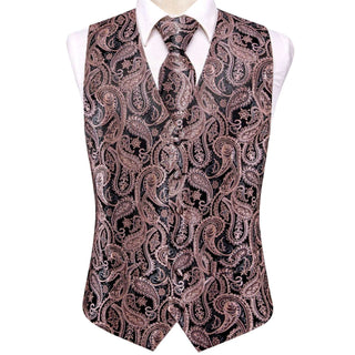 Black Coral Pink Paisley Silk Vest Pocket Square Cufflinks Tie Set Waistcoat Suit Set