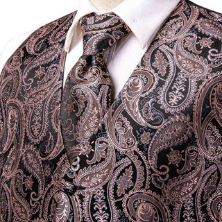 Black Coral Pink Paisley Silk Vest Pocket Square Cufflinks Tie Set Waistcoat Suit Set