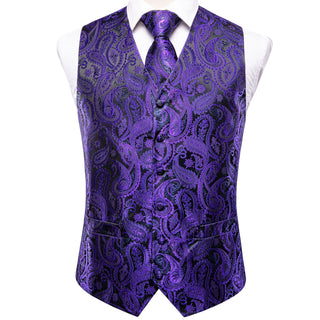 Shiny Purple Black Paisley Silk Vest Pocket Square Cufflinks Tie Set Waistcoat Suit Set