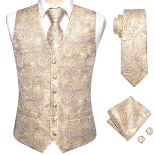 Wheat Paisley Dark Grey Blue Silk Vest Pocket Square Cufflinks Tie Set Waistcoat Suit Set