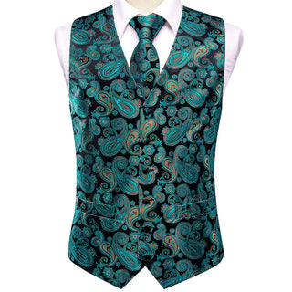 Teal Black Paisley Silk Men's Vest Pocket Square Cufflinks Tie Set Waistcoat Set