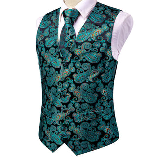 Teal Black Paisley Silk Men's Vest Pocket Square Cufflinks Tie Set Waistcoat Set