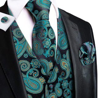 Teal Black Paisley Silk Men's Vest Pocket Square Cufflinks Tie Set Waistcoat Set