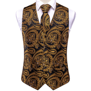 Golden Black Paisley Silk Men's Vest Pocket Square Cufflinks Tie Set Waistcoat Set