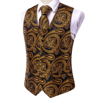 Golden Black Paisley Silk Men's Vest Pocket Square Cufflinks Tie Set Waistcoat Set