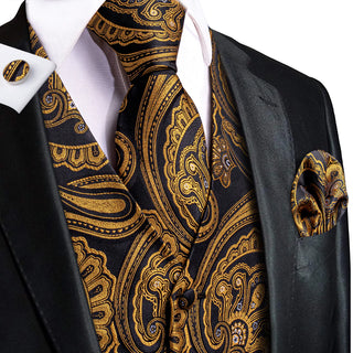 Golden Black Paisley Silk Men's Vest Pocket Square Cufflinks Tie Set Waistcoat Set