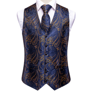 Navy Blue Golden Paisley Jacquard Silk Vest Pocket Square Cufflinks Tie Set Waistcoat Suit Set