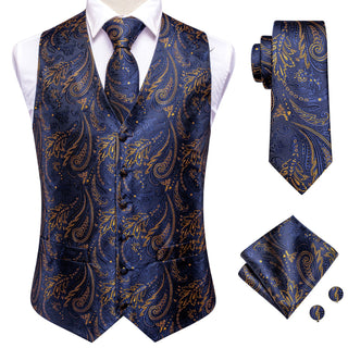 Navy Blue Golden Paisley Jacquard Silk Vest Pocket Square Cufflinks Tie Set Waistcoat Suit Set