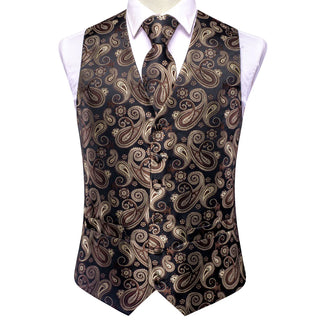 Black Brown Paisley Silk Men's Vest Pocket Square Cufflinks Tie Set Waistcoat Set