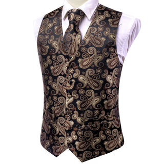 Black Brown Paisley Silk Men's Vest Pocket Square Cufflinks Tie Set Waistcoat Set