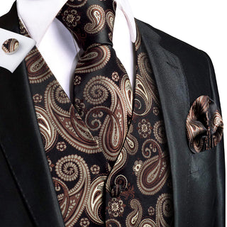 Black Brown Paisley Silk Men's Vest Pocket Square Cufflinks Tie Set Waistcoat Set