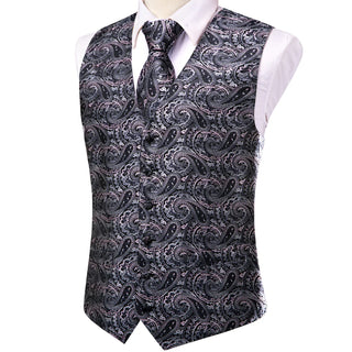 Grey Black Pink Paisley Silk Vest Pocket Square Cufflinks Tie Set Waistcoat Suit Set