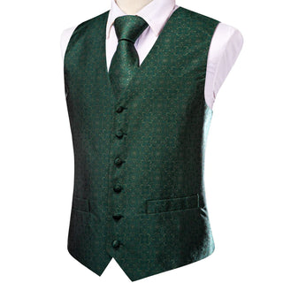 Sapphire Pine Green Paisley Silk Vest Pocket Square Cufflinks Tie Set Waistcoat Suit Set