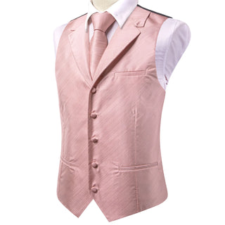 Solid Pink Silk Vest Pocket Square Cufflinks Tie Set Waistcoat Suit Set