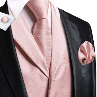 Solid Pink Silk Vest Pocket Square Cufflinks Tie Set Waistcoat Suit Set