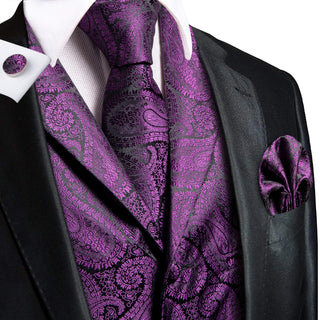 Purple Paisley Silk Vest Pocket Square Cufflinks Tie Set Waistcoat Suit Set