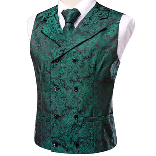 Pine Green Paisley Silk Men's Vest Pocket Square Cufflinks Tie Set Waistcoat Suit Set