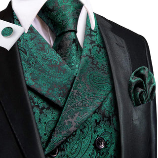 Pine Green Paisley Silk Men's Vest Pocket Square Cufflinks Tie Set Waistcoat Suit Set