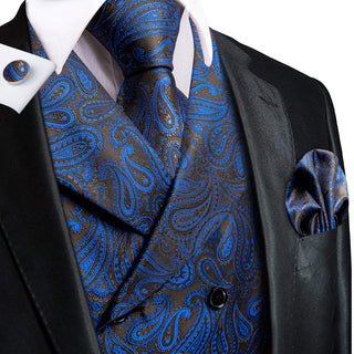 Black Blue Paisley Collar Men's Vest Tie Pocket Square Cufflinks Set Waistcoat Suit Set