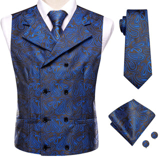 Black Blue Paisley Collar Men's Vest Tie Pocket Square Cufflinks Set Waistcoat Suit Set