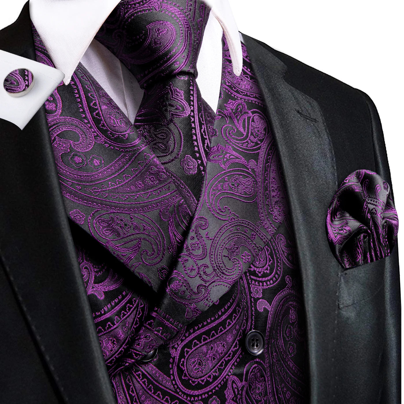 Deep Purple Paisley Collar Men s Vest Tie Pocket Square Cufflinks Set Waistcoat Suit Set