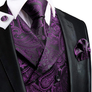 Deep Purple Paisley Collar Men's Vest Tie Pocket Square Cufflinks Set Waistcoat Suit Set