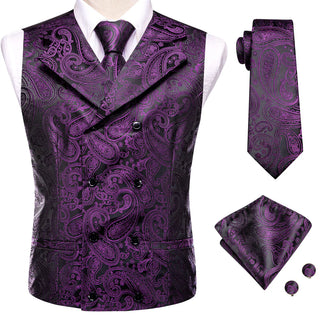 Deep Purple Paisley Collar Men's Vest Tie Pocket Square Cufflinks Set Waistcoat Suit Set