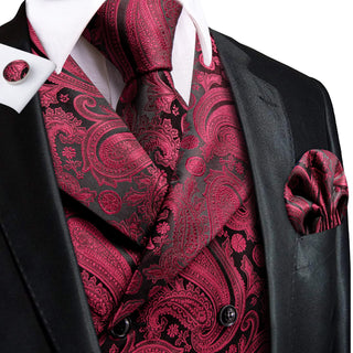 Red Paisley Collar Men's Vest Tie Pocket Square Cufflinks Set Waistcoat Suit Set