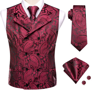 Red Paisley Collar Men's Vest Tie Pocket Square Cufflinks Set Waistcoat Suit Set