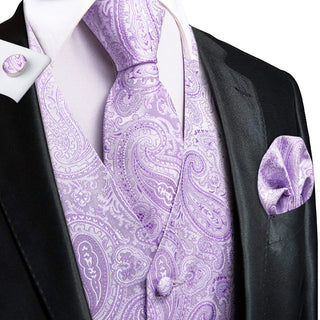 Lilac Purple Paisley Silk Vest Pocket Square Cufflinks Tie Set Waistcoat Suit Set