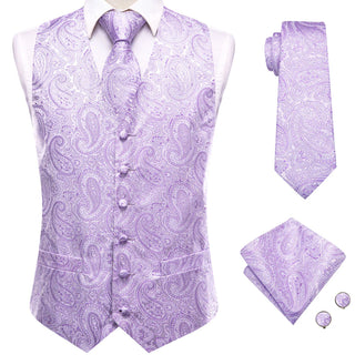 Lilac Purple Paisley Silk Vest Pocket Square Cufflinks Tie Set Waistcoat Suit Set