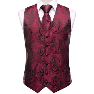 Deep Red Paisley Silk Men's Vest Pocket Square Cufflinks Tie Set Waistcoat Set