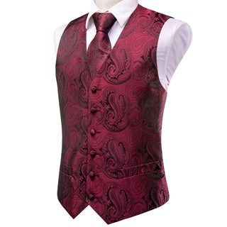 Deep Red Paisley Silk Men's Vest Pocket Square Cufflinks Tie Set Waistcoat Set