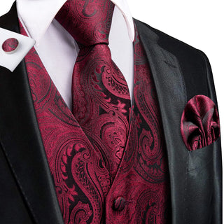 Deep Red Paisley Silk Men's Vest Pocket Square Cufflinks Tie Set Waistcoat Set