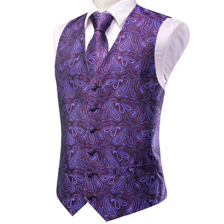 Deep Purple Paisley Silk Men's Vest Pocket Square Cufflinks Tie Set Waistcoat Set