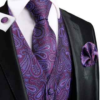 Deep Purple Paisley Silk Men's Vest Pocket Square Cufflinks Tie Set Waistcoat Set