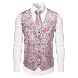 Pink Silver Floral Silk Men's Vest Pocket Square Cufflinks Tie Set Waistcoat Set