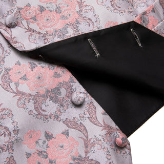 Pink Silver Floral Silk Men's Vest Pocket Square Cufflinks Tie Set Waistcoat Set