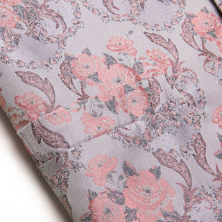 Pink Silver Floral Silk Men's Vest Pocket Square Cufflinks Tie Set Waistcoat Set