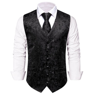 Black Floral Silk Silk Vest Pocket Square Cufflinks Tie Set Waistcoat Suit Set