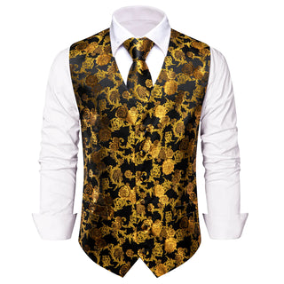 Gold Black Floral Silk Vest Pocket Square Cufflinks Tie Set Waistcoat Suit Set