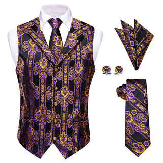 Purple Gold Black Floral Silk Vest Pocket Square Cufflinks Tie Set Waistcoat Suit Set