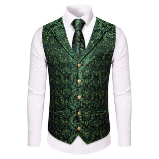Green Black Floral Leaf Silk Men's Vest Pocket Square Cufflinks Tie Set Waistcoat Set