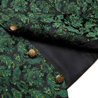 Green Black Floral Leaf Silk Men's Vest Pocket Square Cufflinks Tie Set Waistcoat Set