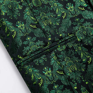 Green Black Floral Leaf Silk Men's Vest Pocket Square Cufflinks Tie Set Waistcoat Set