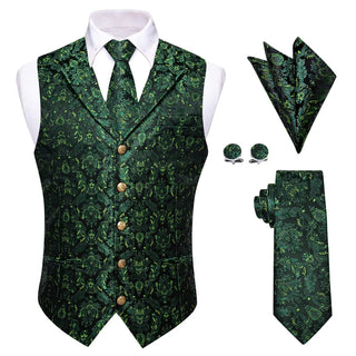 Green Black Floral Leaf Silk Men's Vest Pocket Square Cufflinks Tie Set Waistcoat Set
