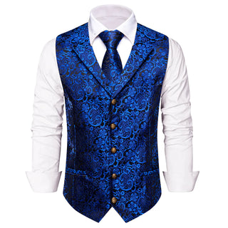 Klein Blue Black Floral Silk Vest Pocket Square Cufflinks Tie Set Waistcoat Suit Set