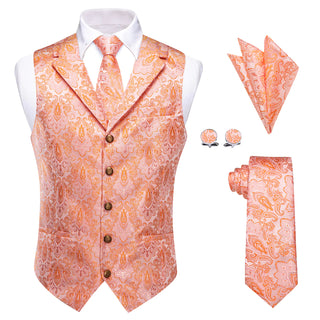 Pink Orange Paisley Silk Vest Pocket Square Cufflinks Tie Set Waistcoat Suit Set