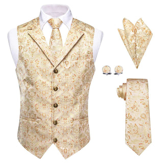 Beige Yellow Orange Floral Silk Vest Pocket Square Cufflinks Tie Set Waistcoat Suit Set