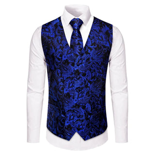 New Blue Paisley Silk Men's Vest Pocket Square Cufflinks Tie Set Waistcoat Set